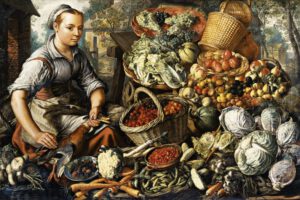 Joachim Beuckelaer (1535-1574): Obst- und Gemüsestillleben mit Marktfrau